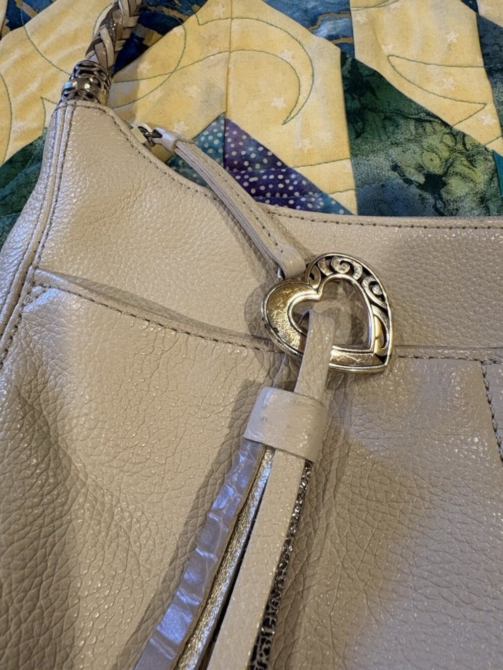 Brighton Barbados Purse Bag Beige Pebbled Braided Genuine Leather Top Zip Hobo - Picture 3 of 15